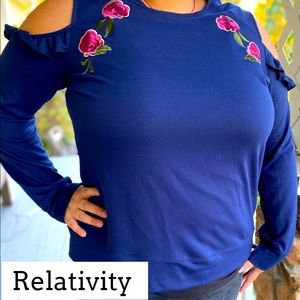 New Relativity Cold Shoulder Embroidered Tee Top